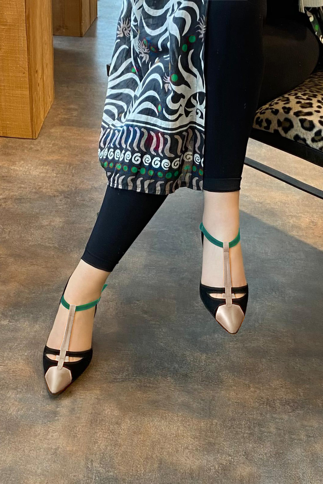 Tan beige, matt black and emerald green women's T-strap open side shoes. Tapered toe. High slim heel. Worn view - Florence KOOIJMAN